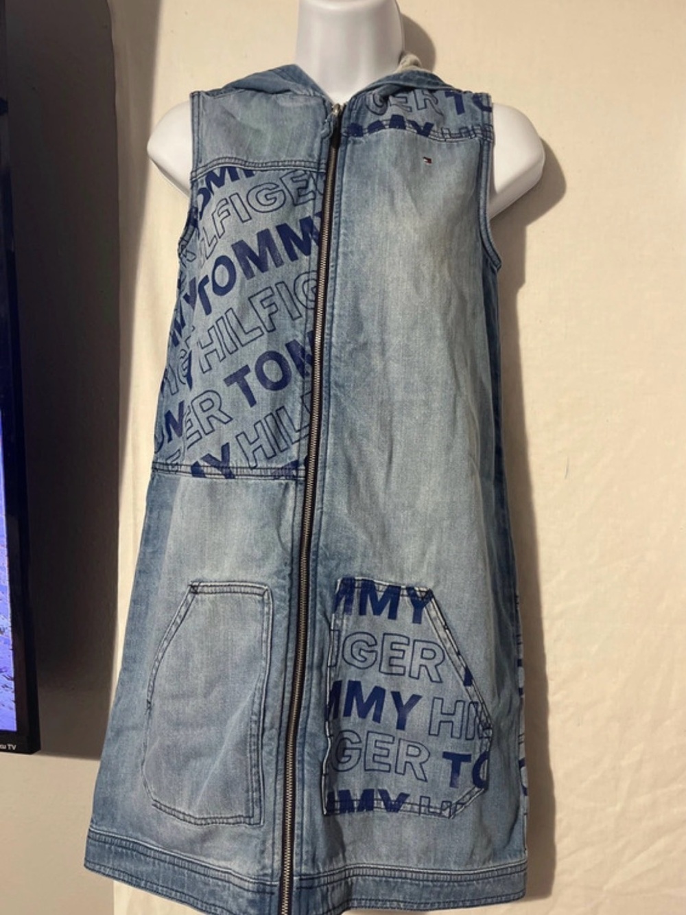 Tommy Hilfiger Girls' Light Blue Denim Hooded Zip Dress with Logo Print
